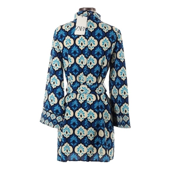 Zara Retro Belted Mini Dress XS NWT Blue 60s 70s Mod Print Long Sleeve High Neck - Picture 2 of 12